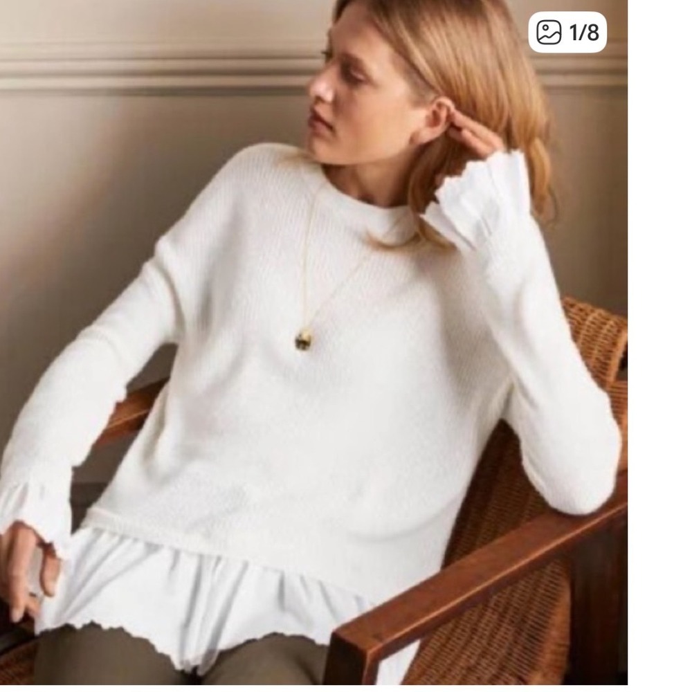 Boden Cream Ribbed Crewneck Sweater with Ruffle Trim